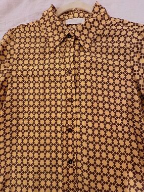 Printed Button-Up Silk Shirt in Mustard Yellow and Brown